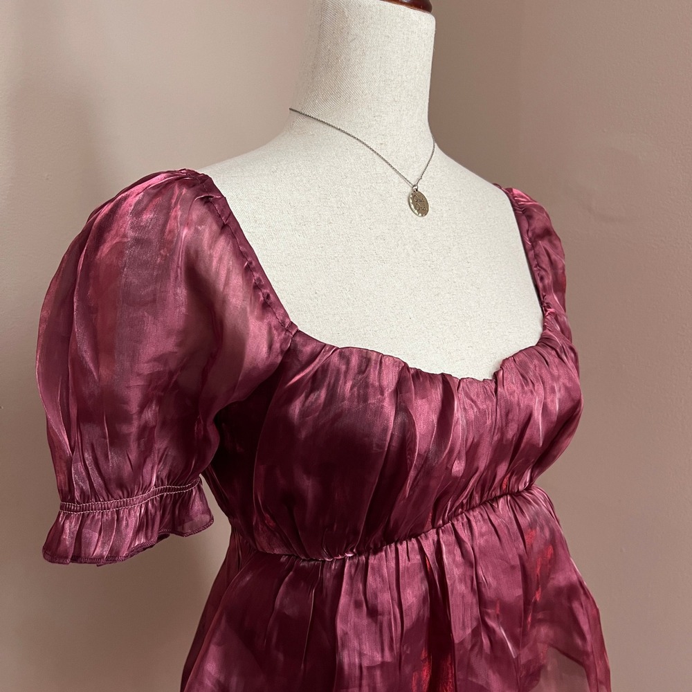 Thirty Thirty Metallic Organza Babydoll Top Puff Sleeve Burgundy Size Small - Picture 3 of 10